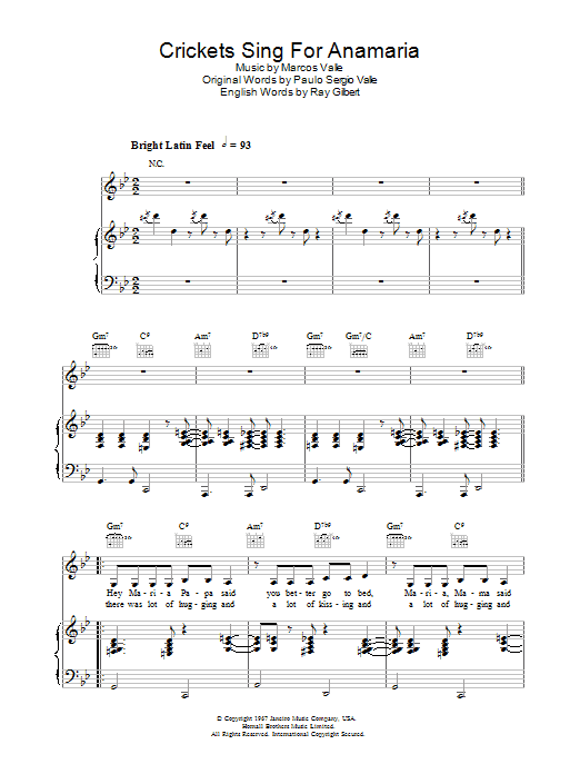 Learn to play Astrud Gilberto Crickets Sing For Anamaria sheet music for Piano, Vocal & Guitar Chords in minutes. Price: 7.8900$ Astrud Gilberto Crickets Sing For Anamaria sheet music notes and chords arranged for Piano, Vocal & Guitar Chords