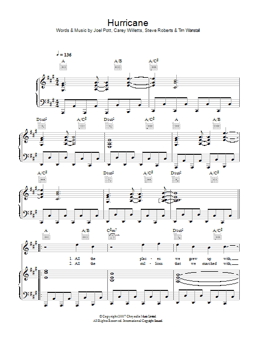 Learn to play Athlete Hurricane sheet music for Piano, Vocal & Guitar Chords in minutes. Price: 7.8900$ Athlete Hurricane sheet music notes and chords arranged for Piano, Vocal & Guitar Chords