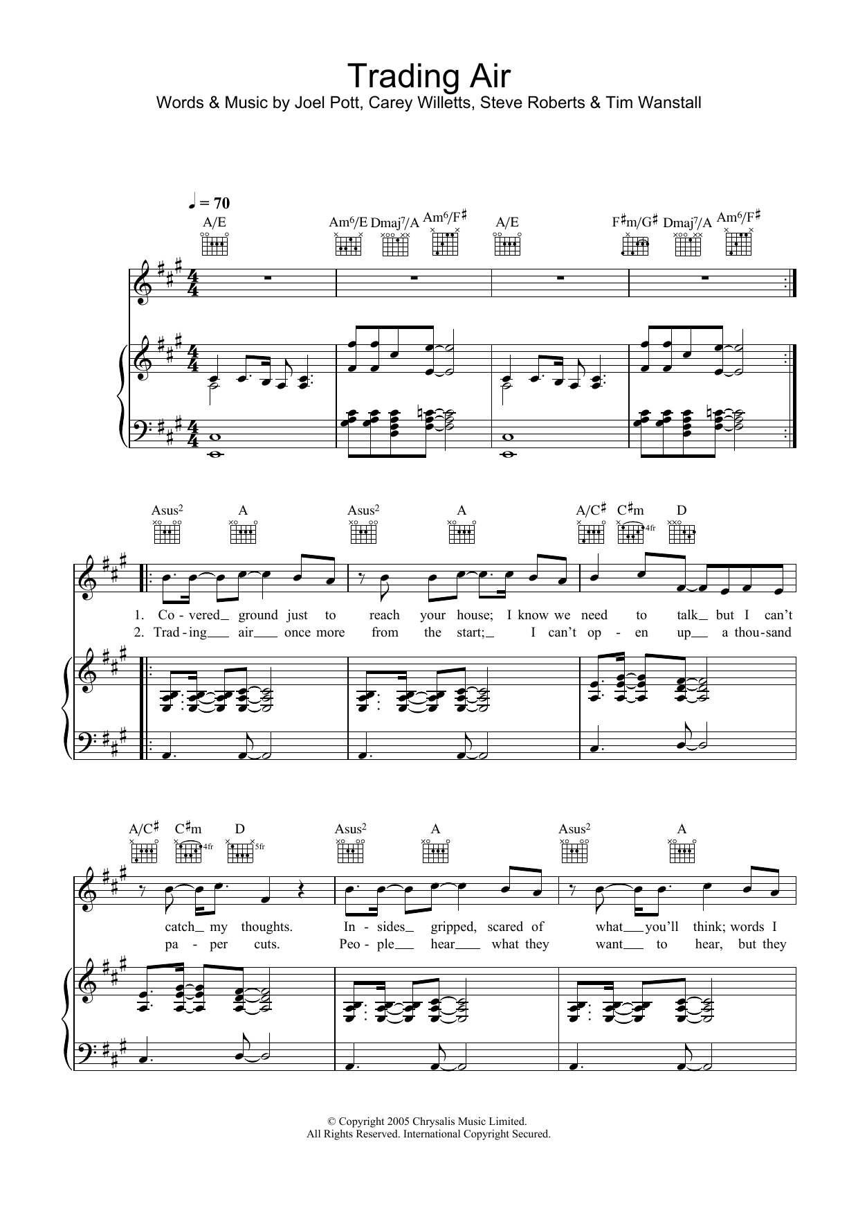 Learn to play Athlete Trading Air sheet music for Piano, Vocal & Guitar Chords in minutes. Price: 7.8900$ Athlete Trading Air sheet music notes and chords arranged for Piano, Vocal & Guitar Chords