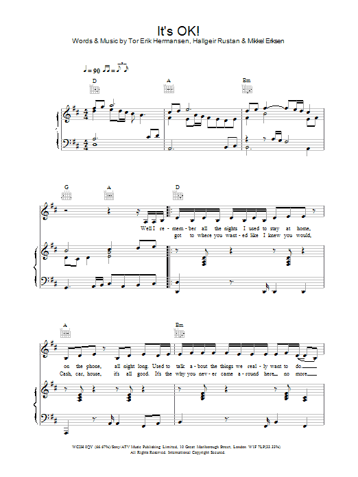 Learn to play Atomic Kitten It's OK! sheet music for Piano, Vocal & Guitar Chords in minutes. Price: 7.8900$ Atomic Kitten It's OK! sheet music notes and chords arranged for Piano, Vocal & Guitar Chords
