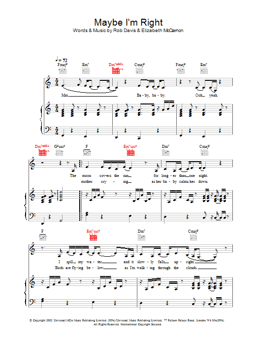 Learn to play Atomic Kitten Maybe I'm Right sheet music for Piano, Vocal & Guitar Chords in minutes. Price: 7.8900$ Atomic Kitten Maybe I'm Right sheet music notes and chords arranged for Piano, Vocal & Guitar Chords