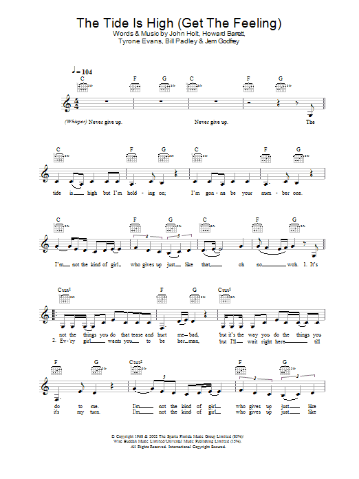 Atomic Kitten The Tide Is High (Get The Feeling) sheet music notes and chords arranged for Guitar Chords/Lyrics