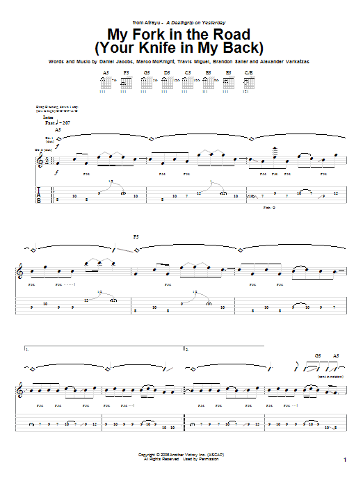 Learn to play Atreyu My Fork In The Road (Your Knife In My Back) sheet music for Guitar Tab in minutes. Price: 7.8900$ Atreyu My Fork In The Road (Your Knife In My Back) sheet music notes and chords arranged for Guitar Tab