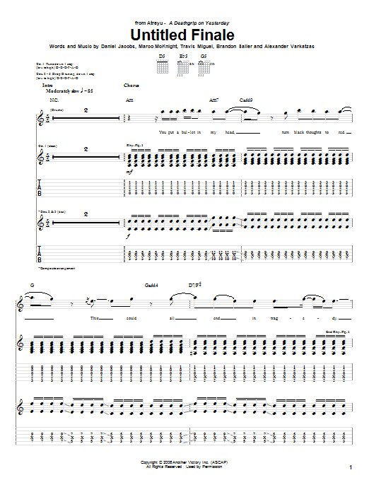 Learn to play Atreyu Untitled Finale sheet music for Guitar Tab in minutes. Price: 7.8900$ Atreyu Untitled Finale sheet music notes and chords arranged for Guitar Tab