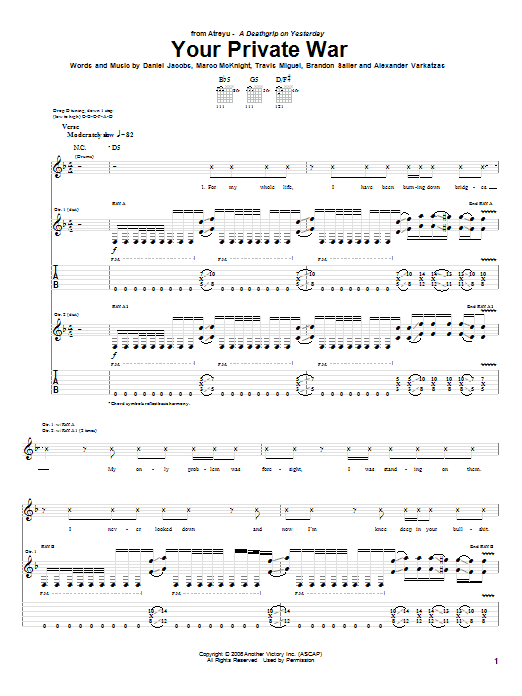 Learn to play Atreyu Your Private War sheet music for Guitar Tab in minutes. Price: 7.8900$ Atreyu Your Private War sheet music notes and chords arranged for Guitar Tab