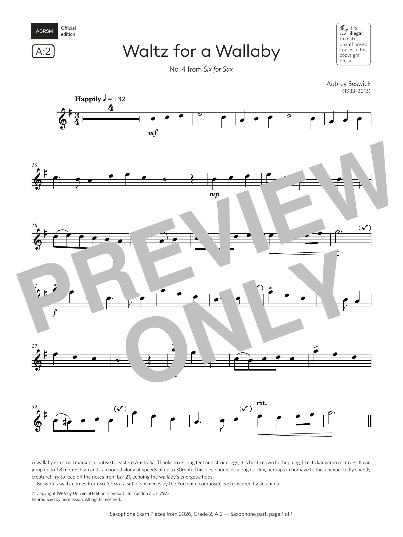 Learn to play Aubrey Beswick Waltz for a Wallaby (Grade 2, list A2, from the ABRSM Saxophone Syllabus from 2026) sheet music for Alto Sax Solo in minutes. Price: 5.9900$ Aubrey Beswick Waltz for a Wallaby (Grade 2, list A2, from the ABRSM Saxophone Syllabus from 2026) sheet music notes and chords arranged for Alto Sax Solo