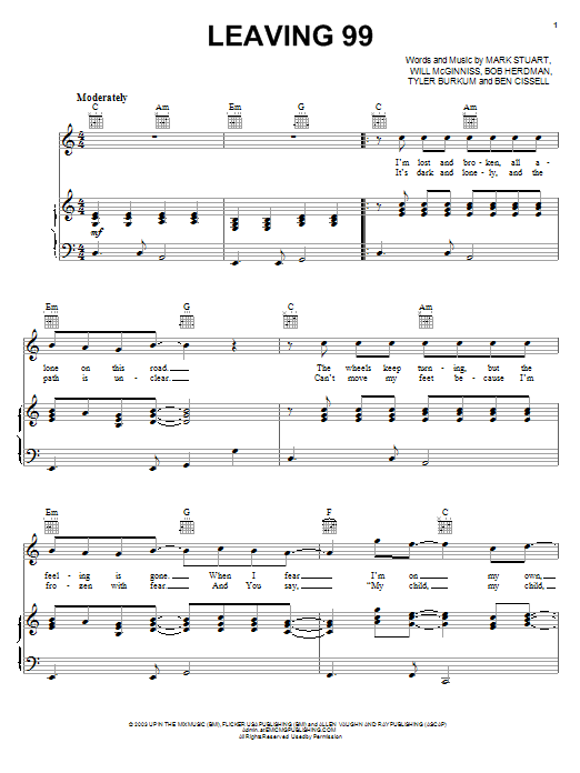 Audio Adrenaline Leaving 99 sheet music notes and chords arranged for Piano, Vocal & Guitar Chords (Right-Hand Melody)