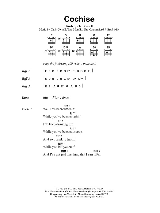 Audioslave Cochise sheet music notes and chords. Download Printable PDF.