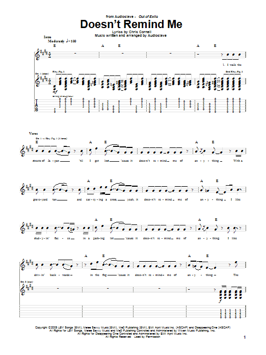 Audioslave Doesn't Remind Me sheet music notes and chords. Download Printable PDF.