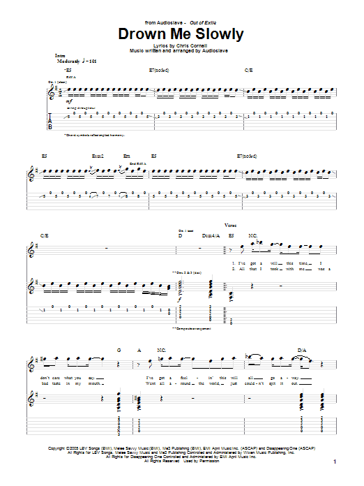 Learn to play Audioslave Drown Me Slowly sheet music for Guitar Tab in minutes. Price: 7.8900$ Audioslave Drown Me Slowly sheet music notes and chords arranged for Guitar Tab