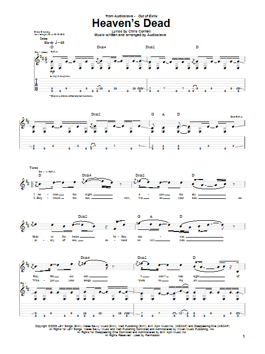 Learn to play Audioslave Heaven's Dead sheet music for Guitar Tab in minutes. Price: 7.8900$ Audioslave Heaven's Dead sheet music notes and chords arranged for Guitar Tab
