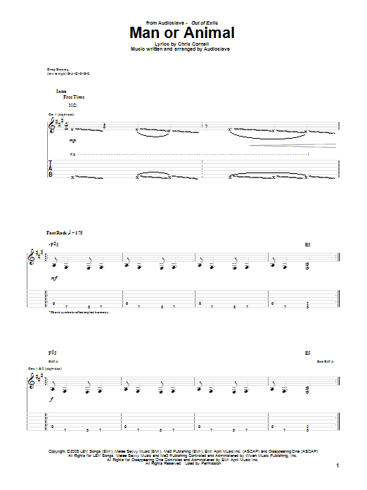Learn to play Audioslave Man Or Animal sheet music for Guitar Tab in minutes. Price: 7.8900$ Audioslave Man Or Animal sheet music notes and chords arranged for Guitar Tab