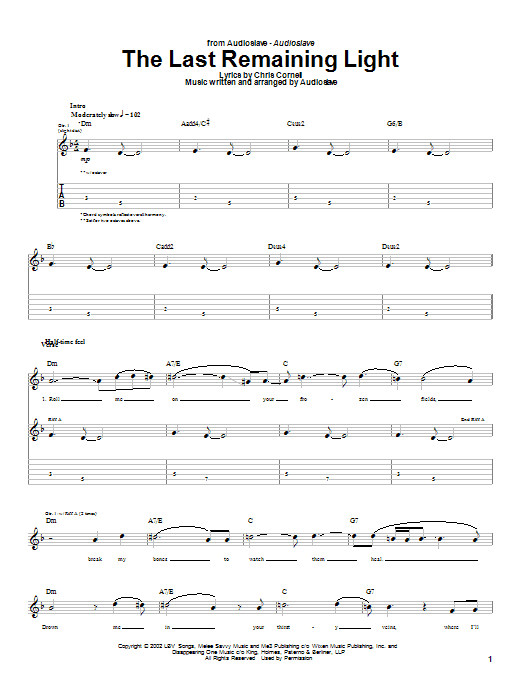 Learn to play Audioslave The Last Remaining Light sheet music for Guitar Tab in minutes. Price: 7.8900$ Audioslave The Last Remaining Light sheet music notes and chords arranged for Guitar Tab