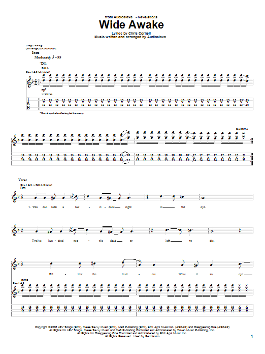 Learn to play Audioslave Wide Awake sheet music for Guitar Tab in minutes. Price: 7.8900$ Audioslave Wide Awake sheet music notes and chords arranged for Guitar Tab