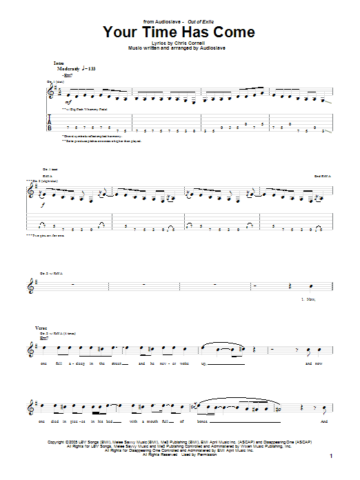 Learn to play Audioslave Your Time Has Come sheet music for Guitar Tab in minutes. Price: 7.8900$ Audioslave Your Time Has Come sheet music notes and chords arranged for Guitar Tab