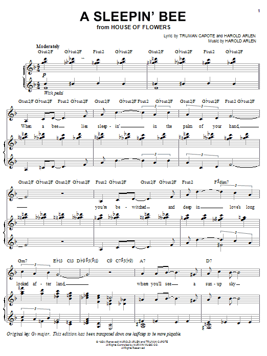 Learn to play Audra McDonald A Sleepin' Bee sheet music for Piano, Vocal & Guitar Chords (Right-Hand Melody) in minutes. Price: 7.8900$ Audra McDonald A Sleepin' Bee sheet music notes and chords arranged for Piano, Vocal & Guitar Chords (Right-Hand Melody)