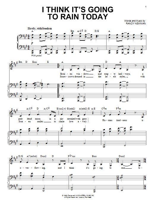 Learn to play Audra McDonald I Think It's Going To Rain Today sheet music for Piano & Vocal in minutes. Price: 7.8900$ Audra McDonald I Think It's Going To Rain Today sheet music notes and chords arranged for Piano & Vocal