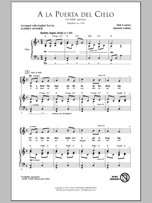 Traditional A La Puerta Del Cielo (arr. Audrey Snyder) sheet music notes and chords. Download Printable PDF.