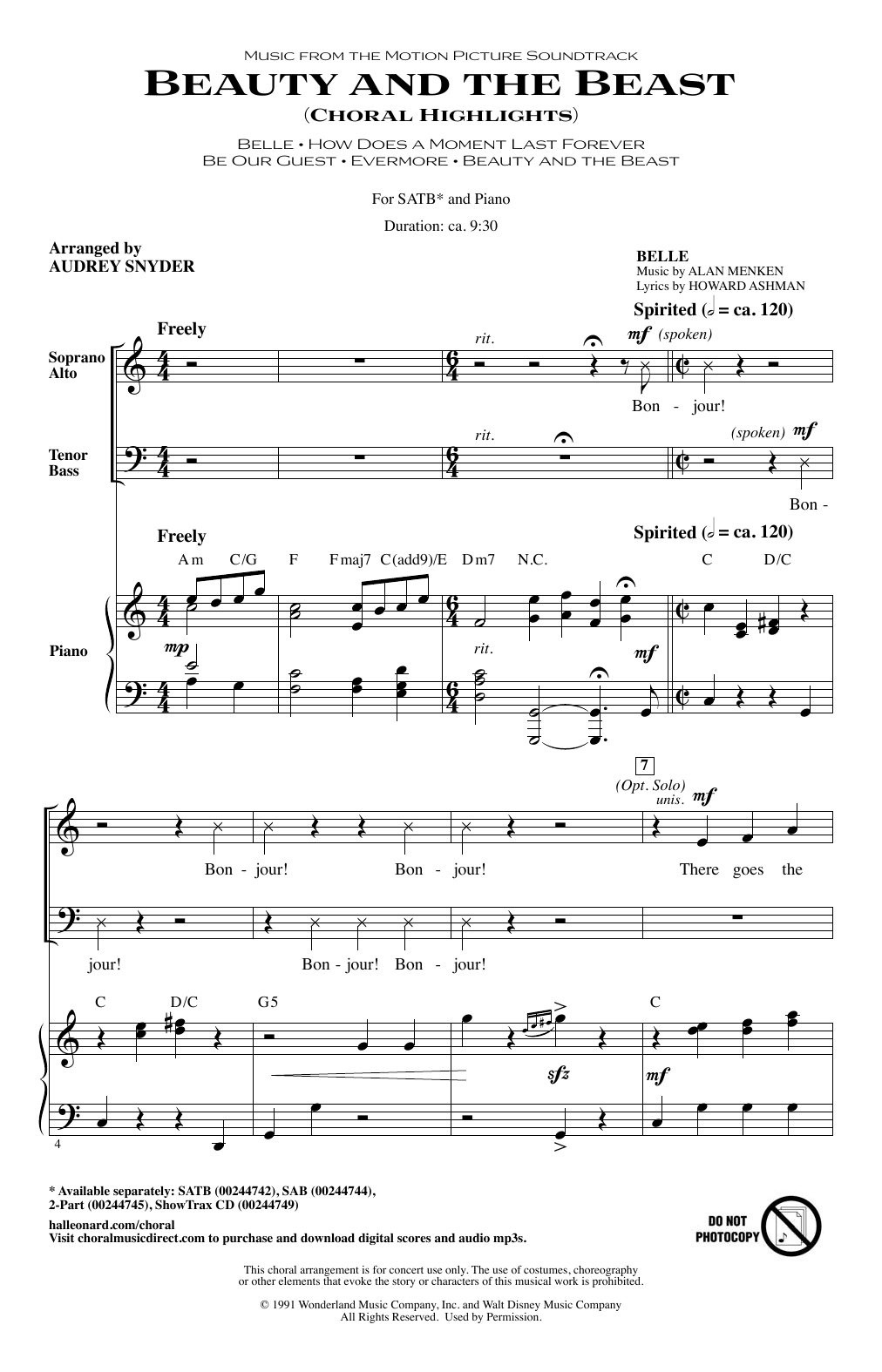 Audrey Snyder Beauty and The Beast (Choral Highlights) sheet music notes and chords. Download Printable PDF.