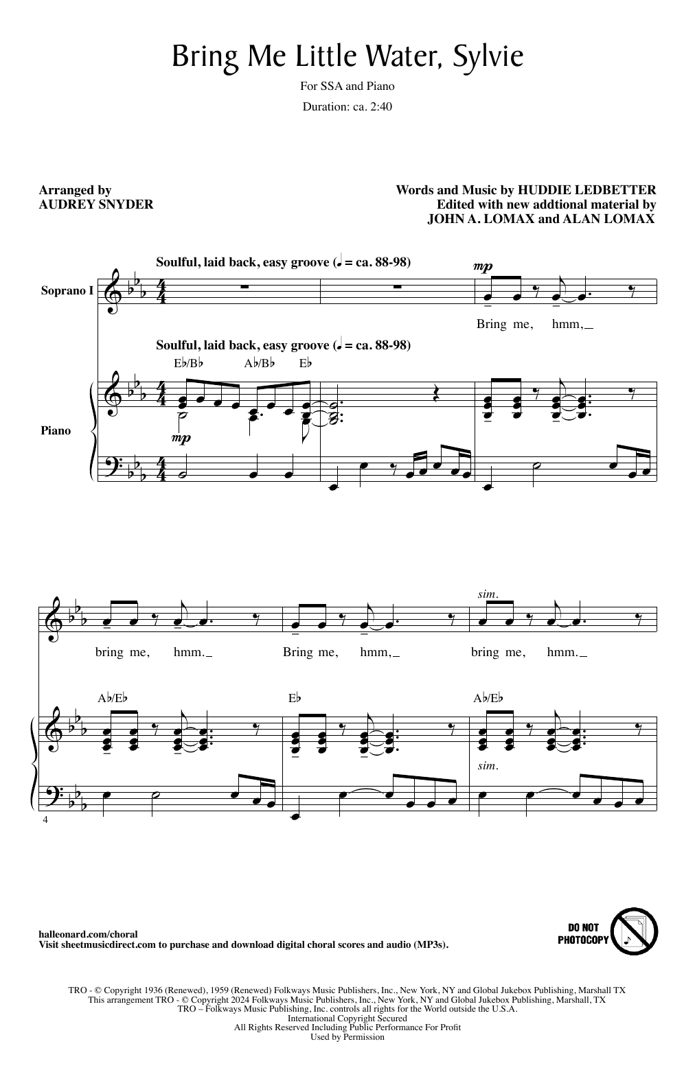 Audrey Snyder Bring Me Little Water, Silvie sheet music notes and chords. Download Printable PDF.