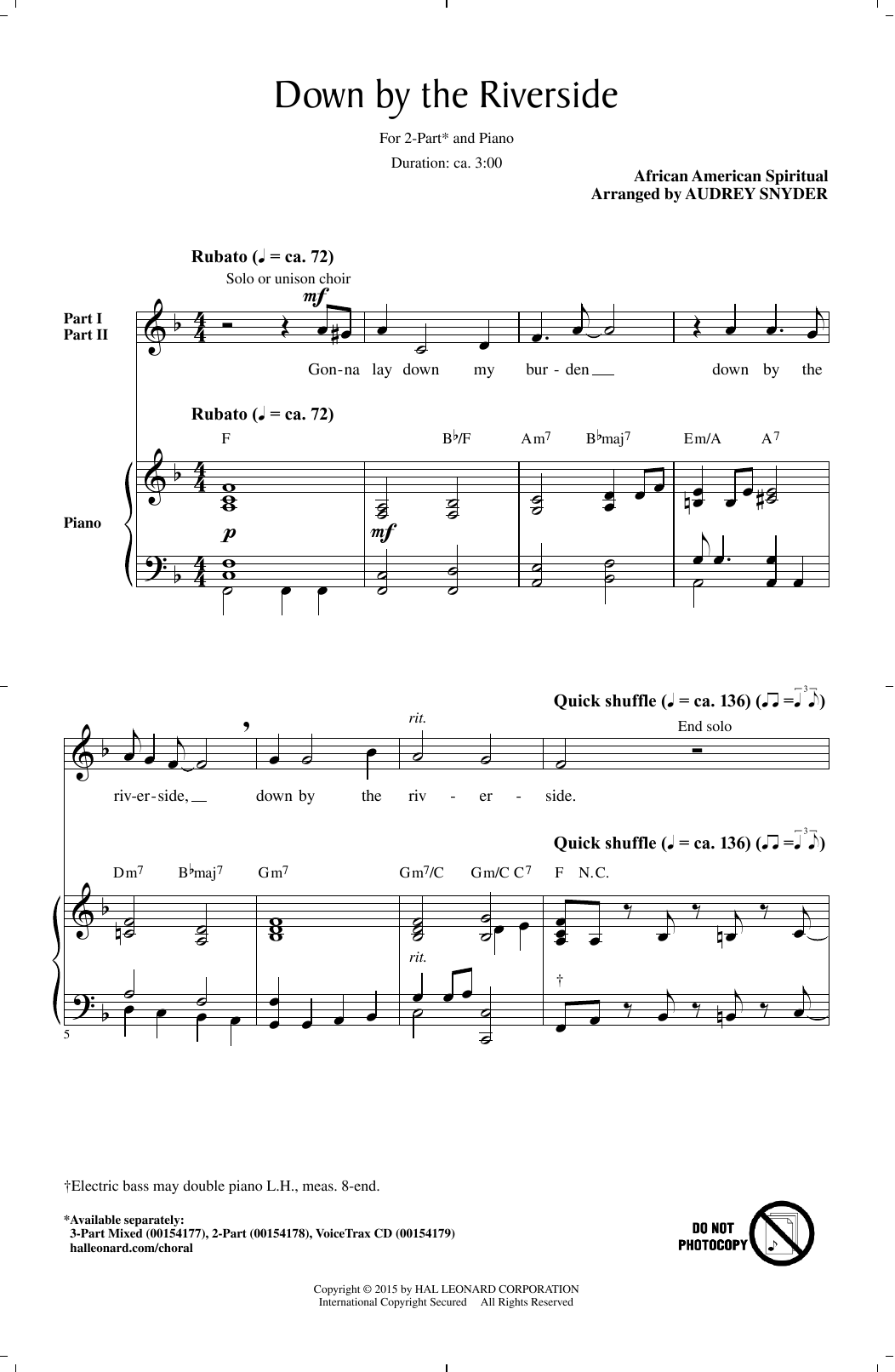 Learn to play Audrey Snyder Down By The Riverside sheet music for 2-Part Choir in minutes. Price: 3.9900$ Audrey Snyder Down By The Riverside sheet music notes and chords arranged for 2-Part Choir