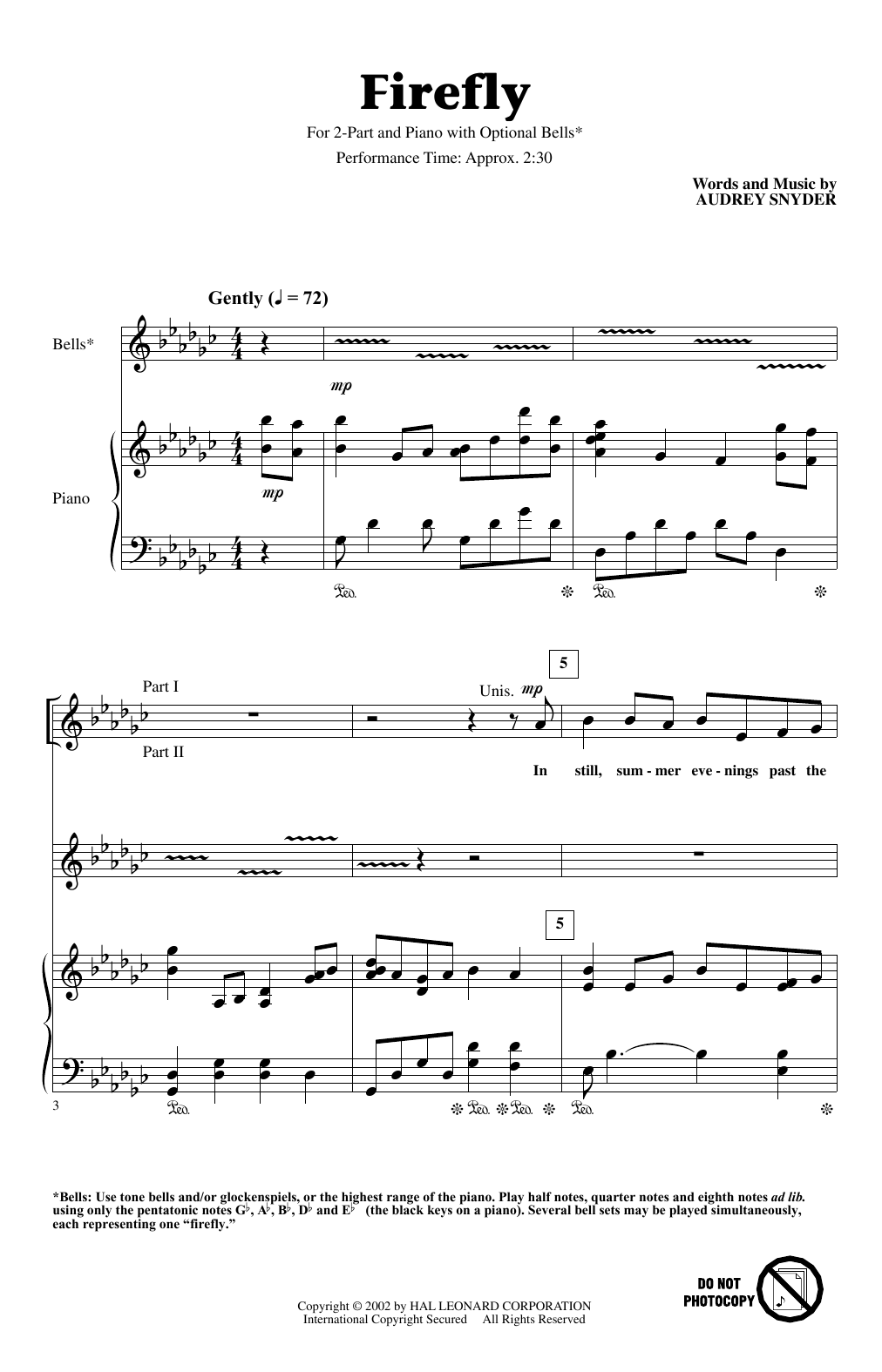 Learn to play Audrey Snyder Firefly sheet music for 2-Part Choir in minutes. Price: 3.9900$ Audrey Snyder Firefly sheet music notes and chords arranged for 2-Part Choir