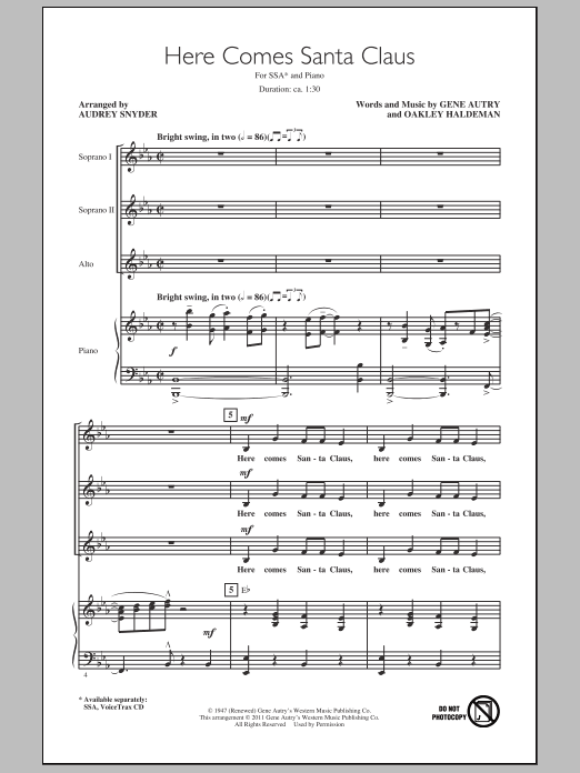 Audrey Snyder Here Comes Santa Claus (Right Down Santa Claus Lane) sheet music notes and chords. Download Printable PDF.