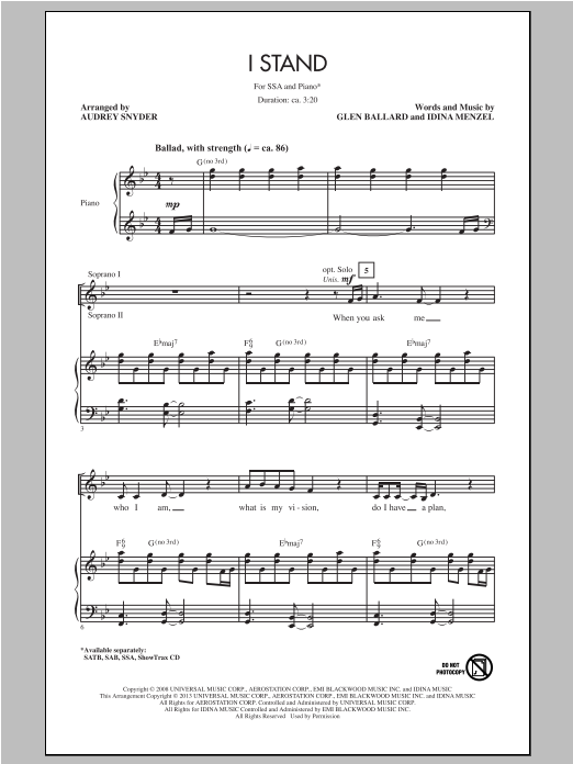 Audrey Snyder I Stand sheet music notes and chords. Download Printable PDF.