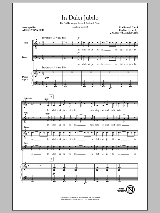 Christmas Carol In Dulci Jubilo (arr. Audrey Snyder) sheet music notes and chords. Download Printable PDF.