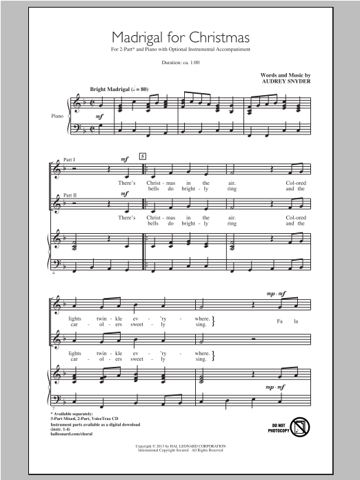 Audrey Snyder Madrigal For Christmas sheet music notes and chords. Download Printable PDF.