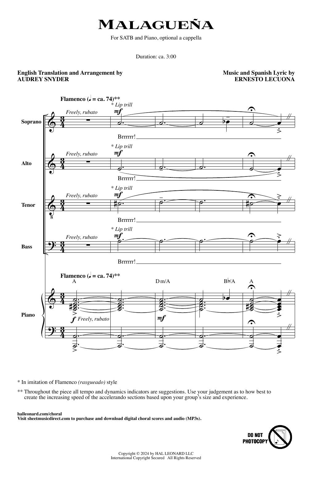 Audrey Snyder Malagueña sheet music notes and chords arranged for SATB Choir