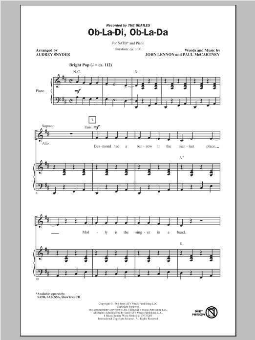 The Beatles Ob-La-Di, Ob-La-Da (arr. Audrey Snyder) sheet music notes and chords arranged for SAB Choir