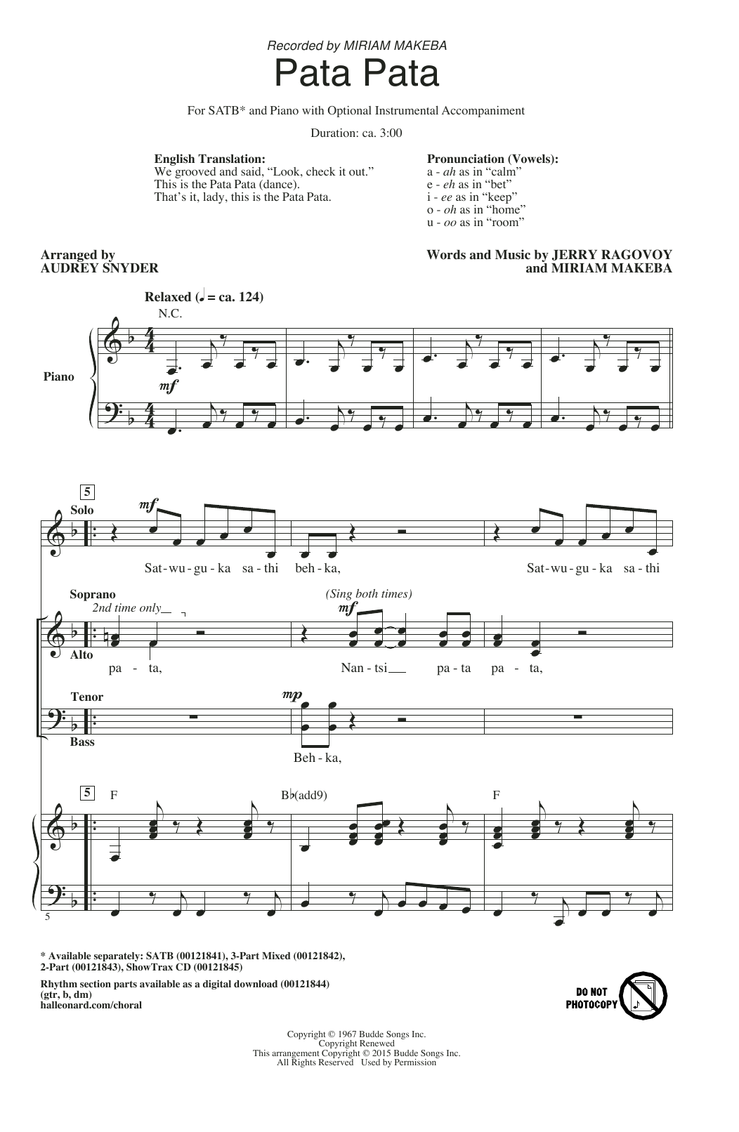 Audrey Snyder Pata Pata sheet music notes and chords. Download Printable PDF.