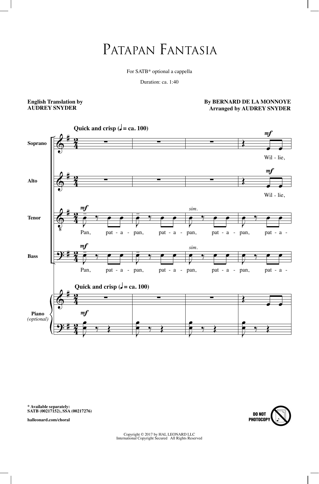 Audrey Snyder Patapan Fantasia sheet music notes and chords arranged for SATB Choir