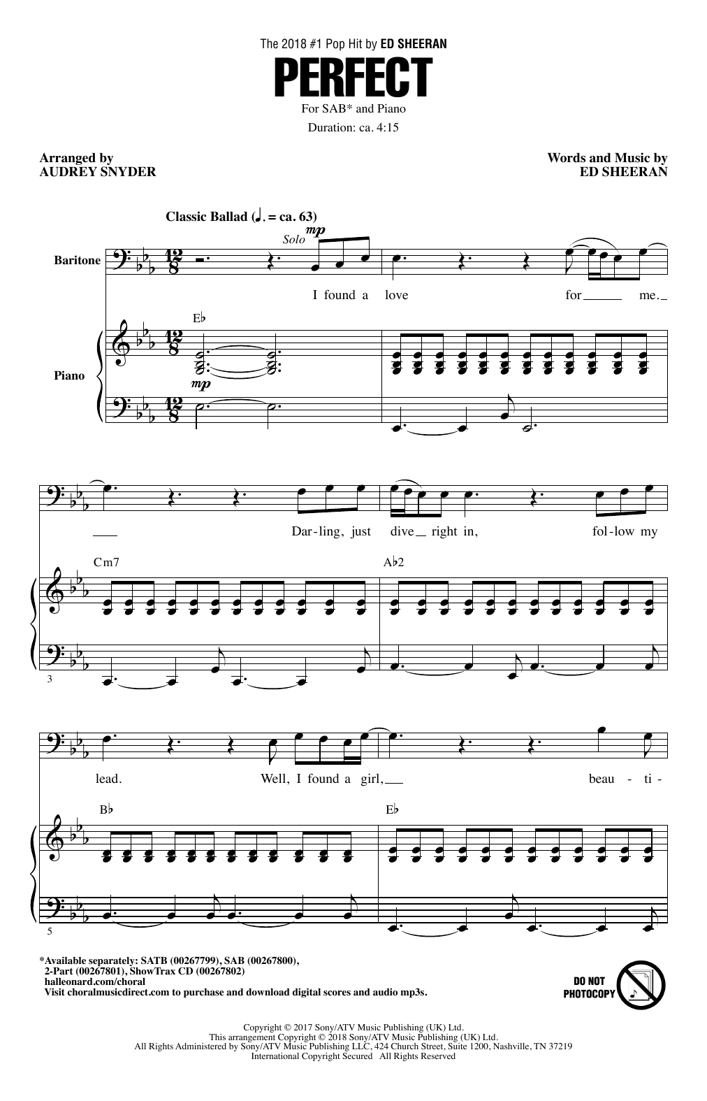 Ed Sheeran Perfect (arr. Audrey Snyder) sheet music notes and chords. Download Printable PDF.