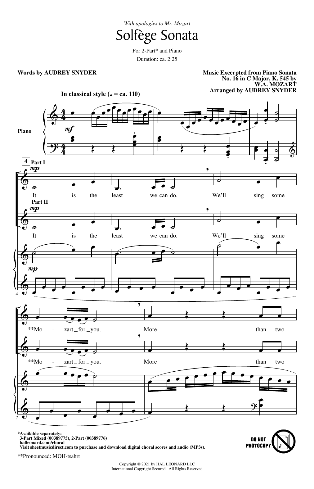 Learn to play Audrey Snyder Solfege Sonata sheet music for 2-Part Choir in minutes. Price: 3.9900$ Audrey Snyder Solfege Sonata sheet music notes and chords arranged for 2-Part Choir