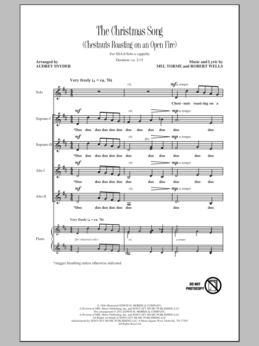 Mel Torme The Christmas Song (Chestnuts Roasting On An Open Fire) (arr. Audrey Snyder) sheet music notes and chords. Download Printable PDF.