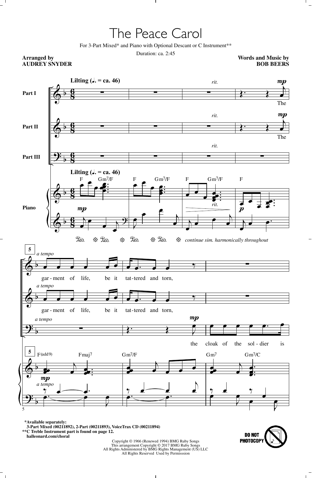 Audrey Snyder The Peace Carol sheet music notes and chords. Download Printable PDF.