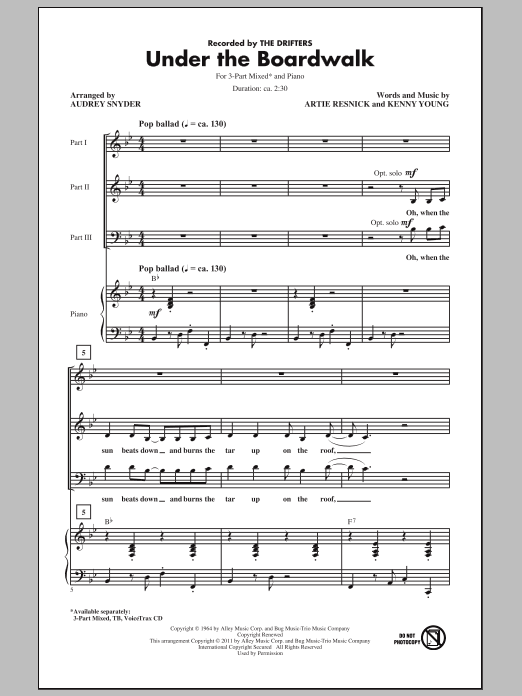Learn to play The Drifters Under The Boardwalk (arr. Audrey Snyder) sheet music for 3-Part Mixed Choir in minutes. Price: 3.9900$ The Drifters Under The Boardwalk (arr. Audrey Snyder) sheet music notes and chords arranged for 3-Part Mixed Choir