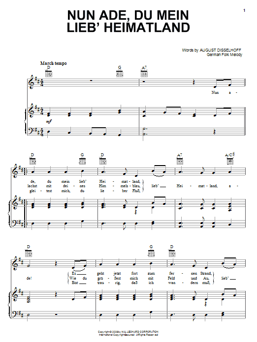 Learn to play August Disselhoff Nun Ade, Du Mein Lieb' Heimatlan sheet music for Piano, Vocal & Guitar Chords (Right-Hand Melody) in minutes. Price: 7.8900$ August Disselhoff Nun Ade, Du Mein Lieb' Heimatlan sheet music notes and chords arranged for Piano, Vocal & Guitar Chords (Right-Hand Melody)