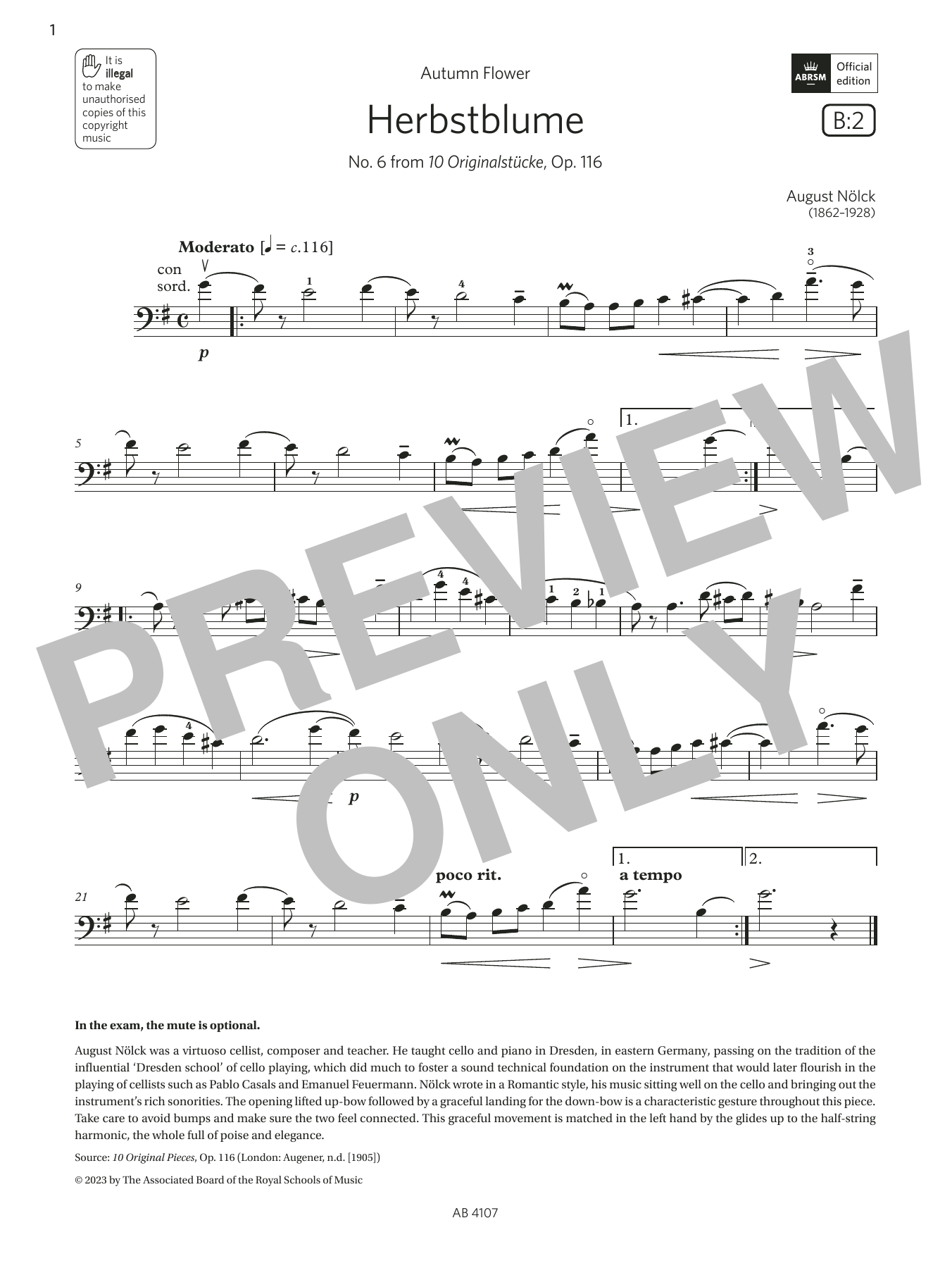 Learn to play August Nölck Herbstblume (Grade 4, B2, from the ABRSM Cello Syllabus from 2024) sheet music for Cello Solo in minutes. Price: 5.9900$ August Nölck Herbstblume (Grade 4, B2, from the ABRSM Cello Syllabus from 2024) sheet music notes and chords arranged for Cello Solo