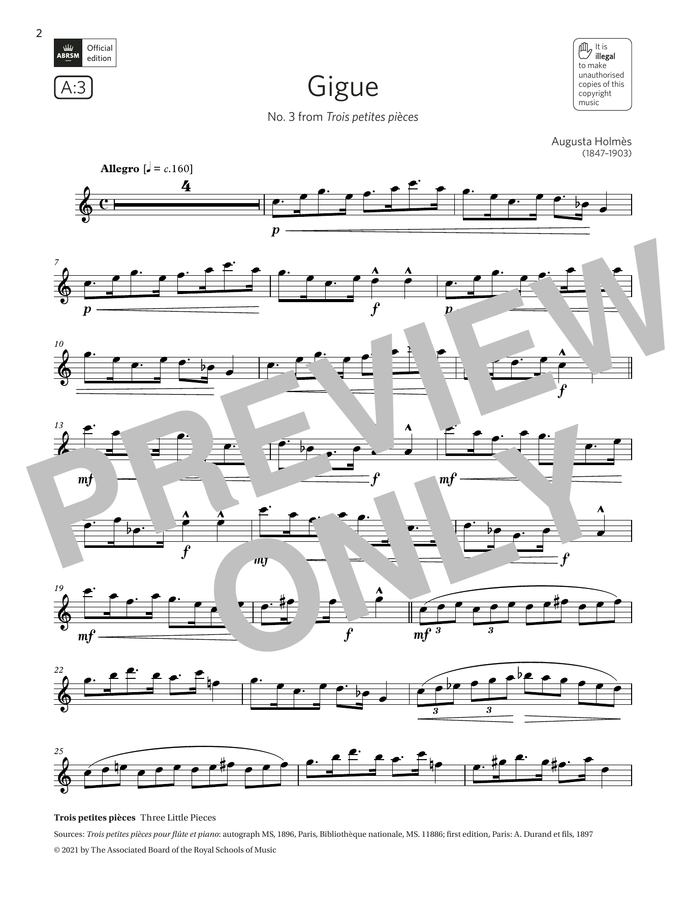 Augusta Holmès Gigue (No. 3 from Trois petites pièces) (Grade 5 List A3 from the ABRSM Flute syllabus from 2022) sheet music notes and chords arranged for Flute Solo