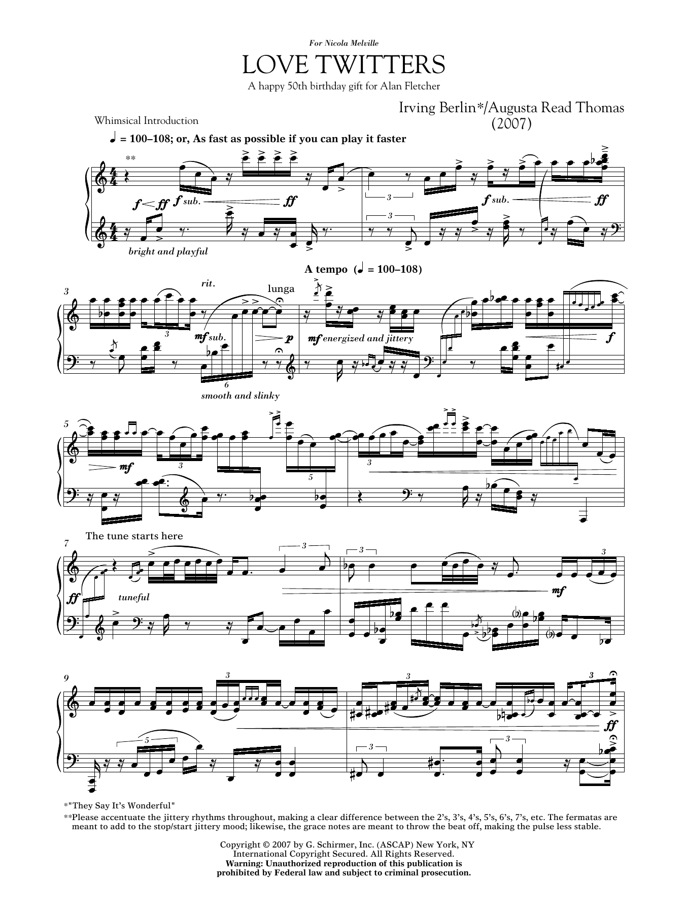 Learn to play Augusta Read Thomas Love Twitters sheet music for Piano Solo in minutes. Price: 9.9900$ Augusta Read Thomas Love Twitters sheet music notes and chords arranged for Piano Solo