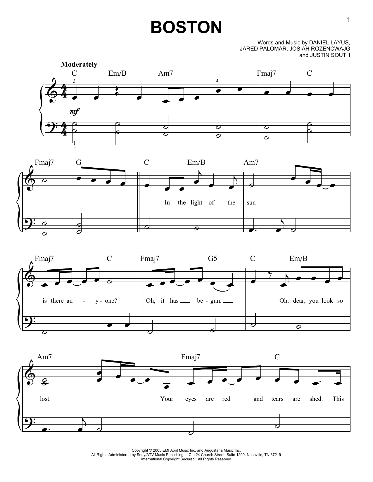 Augustana Boston sheet music notes and chords. Download Printable PDF.