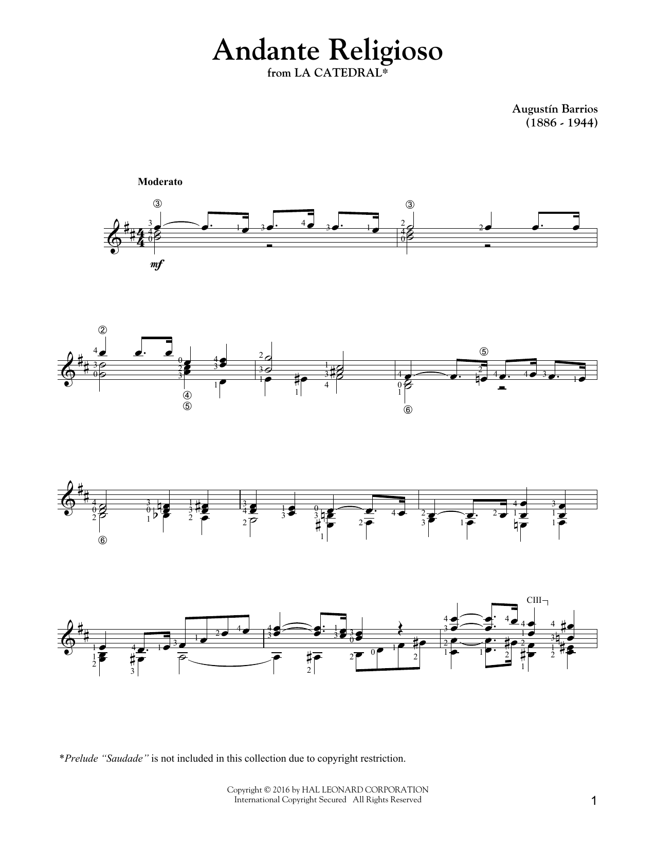 Augustin Barrios Mangore Andante Religioso sheet music notes and chords. Download Printable PDF.