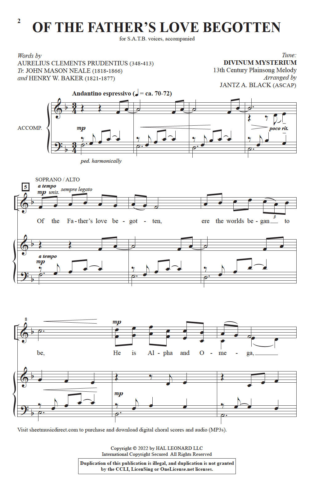 Aurelius Clements Prudentius Of The Father's Love Begotten (arr. Jantz A. Black) sheet music notes and chords. Download Printable PDF.