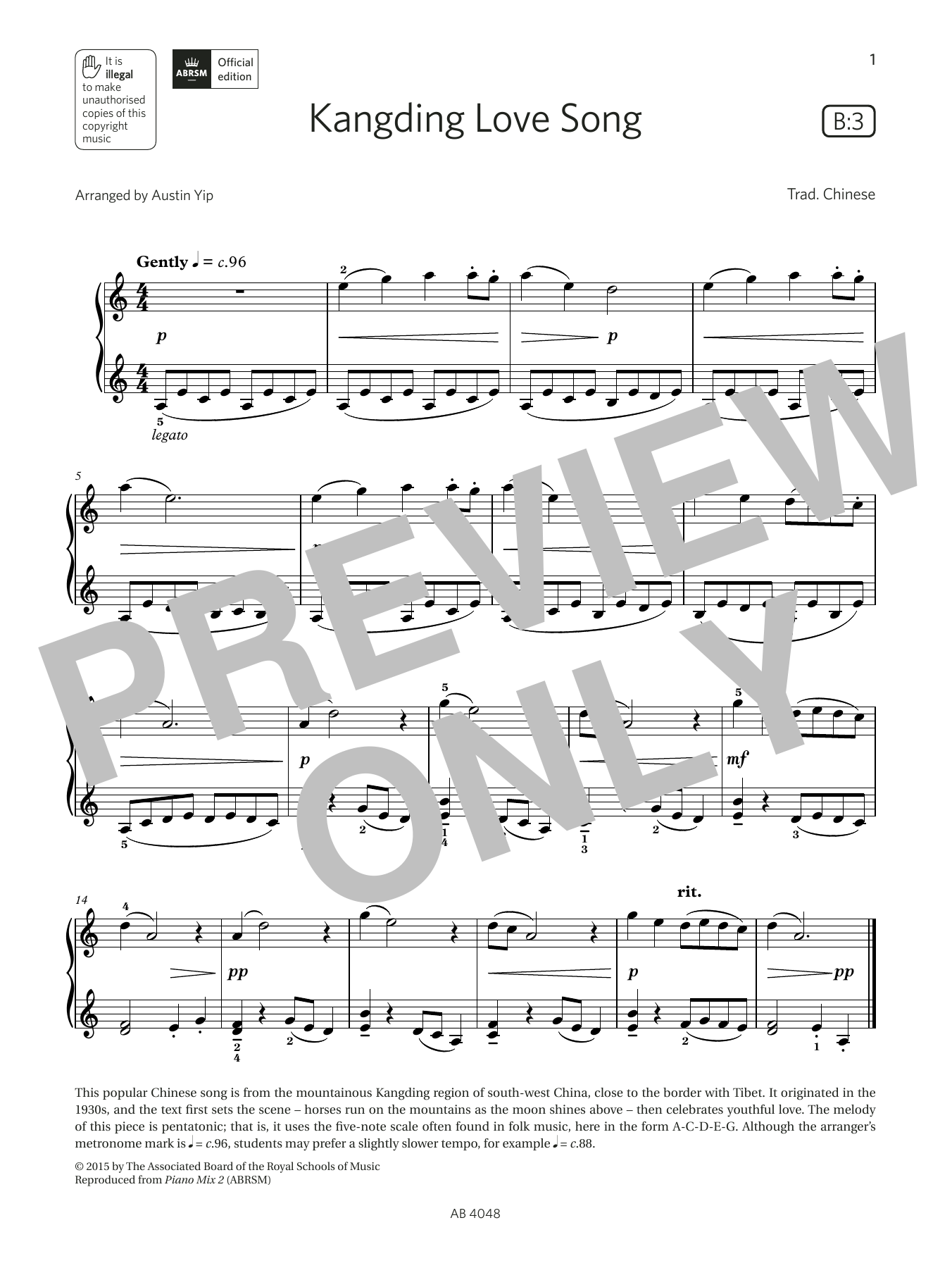 Austin Yip Kangding Love Song (Grade 2, list B3, from the ABRSM Piano Syllabus 2023 & 2024) sheet music notes and chords. Download Printable PDF.