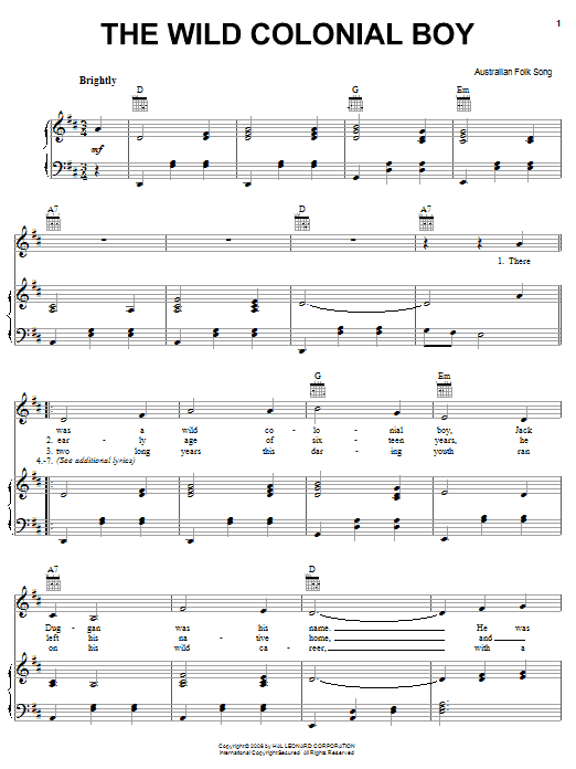 Australian Folksong The Wild Colonial Boy sheet music notes and chords. Download Printable PDF.