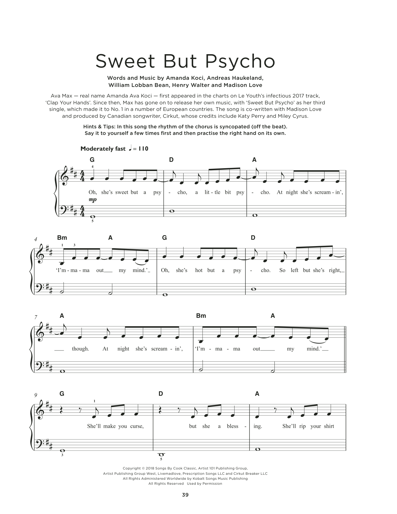 Ava Max Sweet But Psycho sheet music notes and chords. Download Printable PDF.