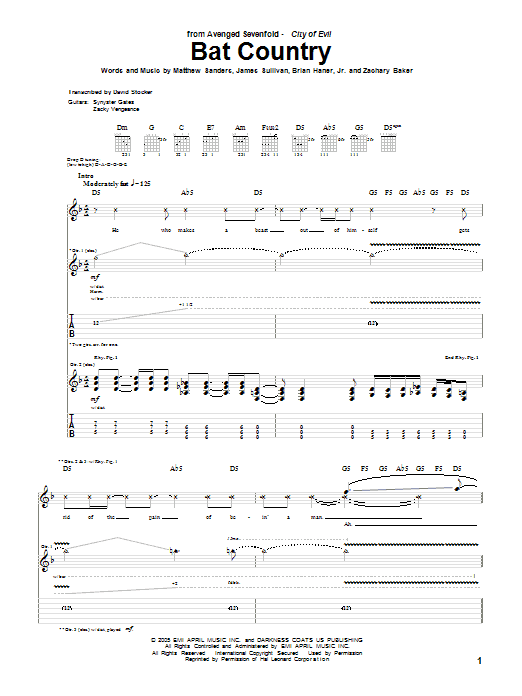 Avenged Sevenfold Bat Country sheet music notes and chords. Download Printable PDF.